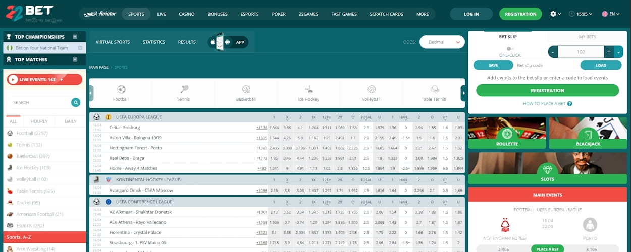 22Bet sports betting Nigeria